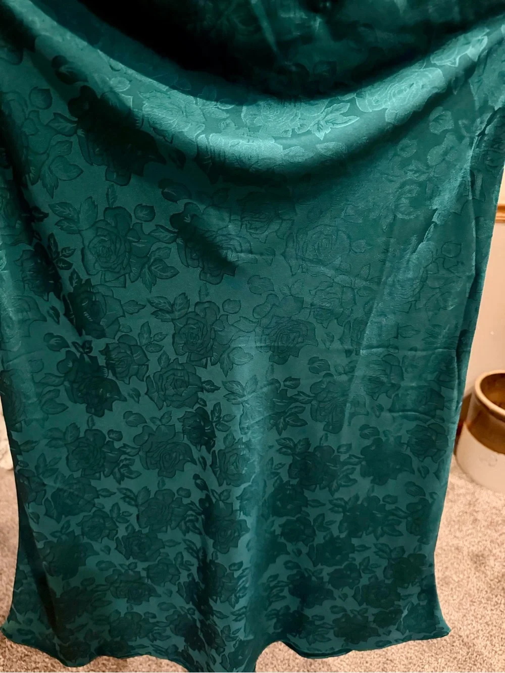 Dark Teal Floral Satin Midi Skirt